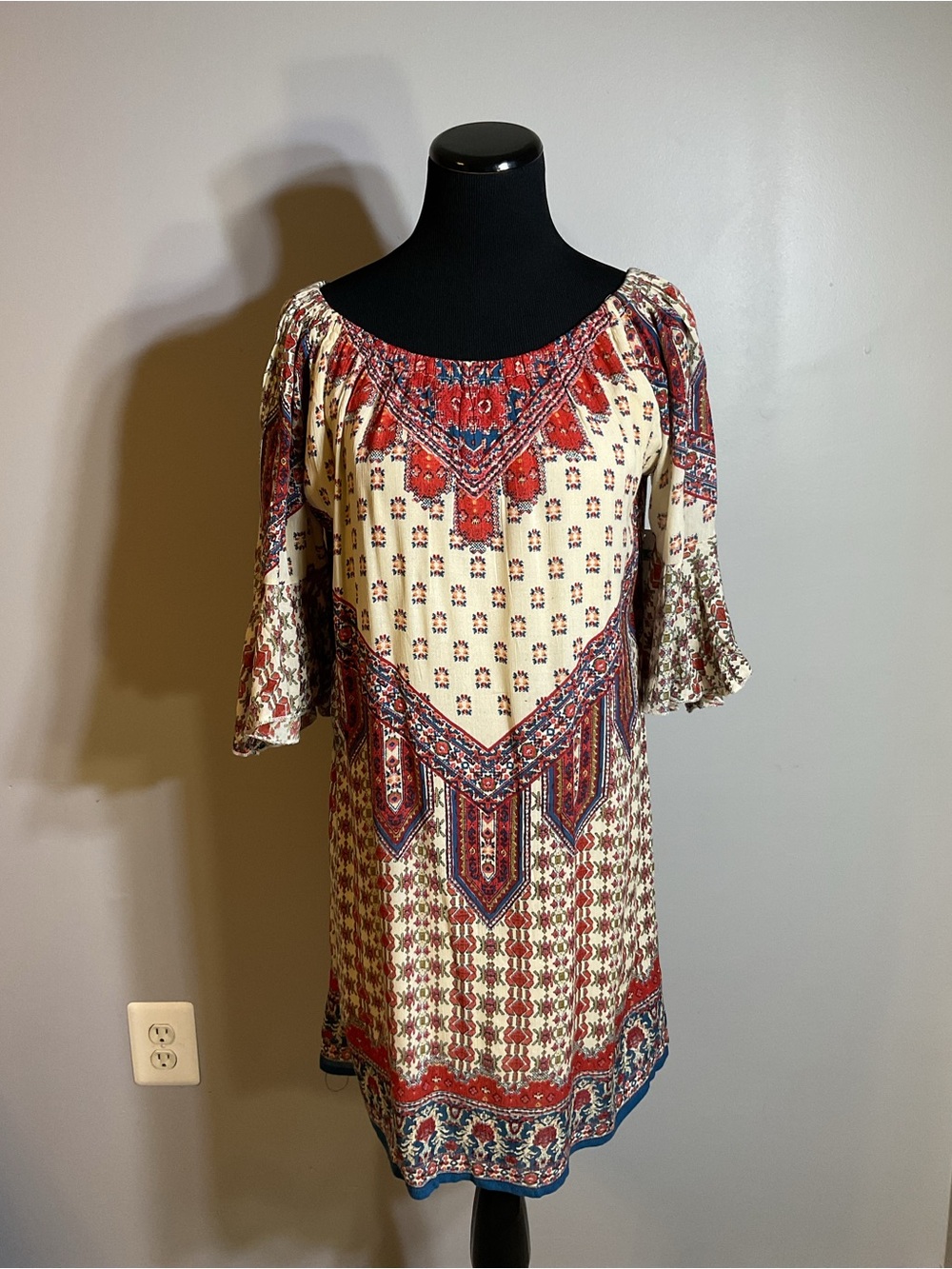 Lapogee Boho Print Tunic in Cream, Red & Blue